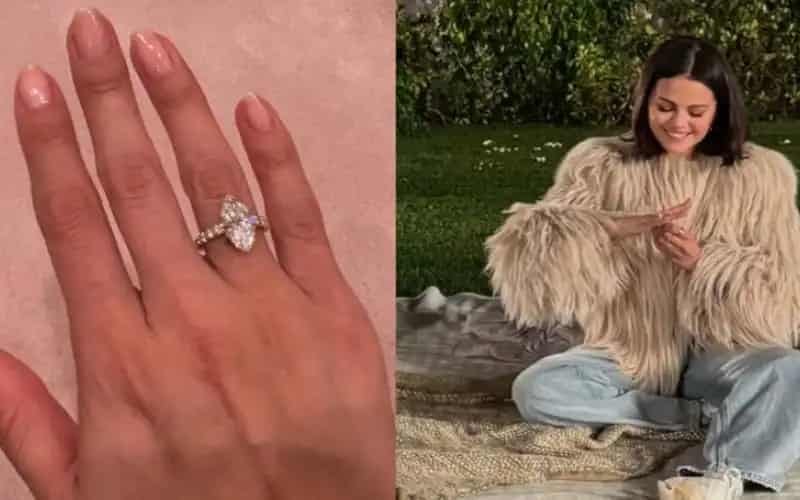 Selena Gomez snuggles with fiance Benny Blanco & flashes engagement ring while singing Christmas carols. | Medium