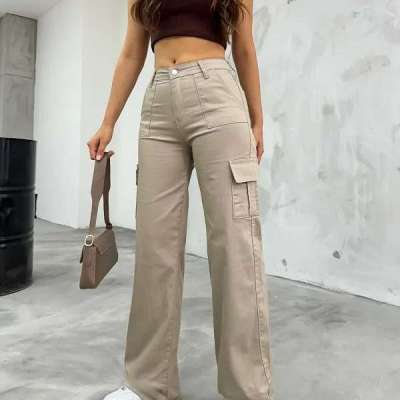 Beige Cargo Pocket Lycra High Waist Wide Leg Trousers Profile Picture